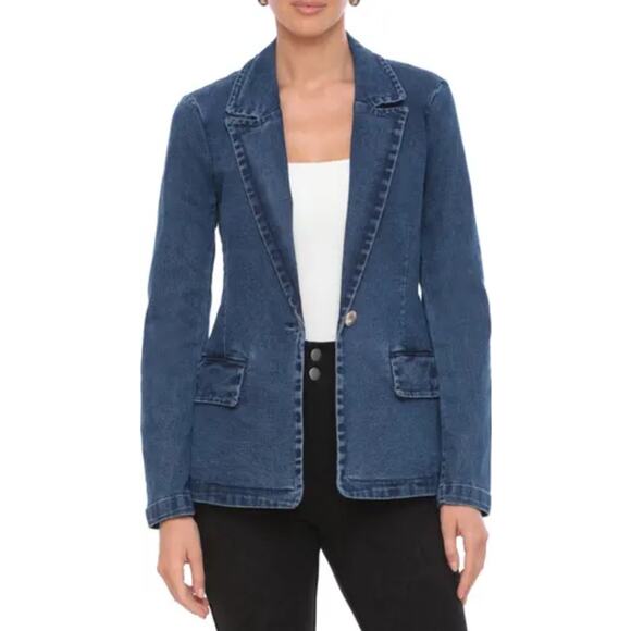 Bagatelle Denim Blazer WMNS M Dark Wash One Button Tailored Stretch Notch Collar - Picture 2 of 14